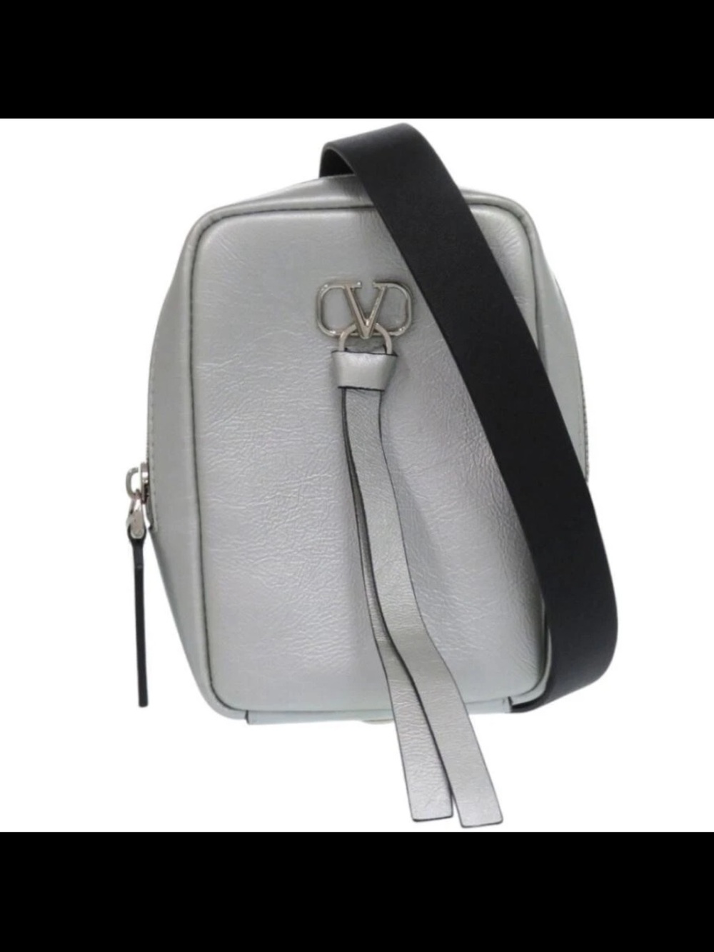 Valentino Garavani Silver Leather Crossbody with Black Strap
